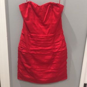 Express Red Shiny Ruched Strapless Dress